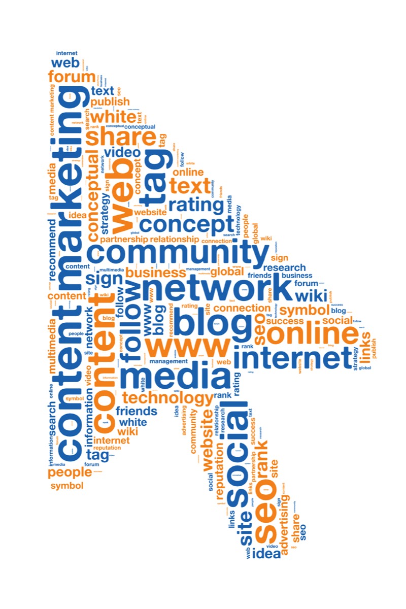 An upward arrow with many social media buzzwords embedded in the arrow head